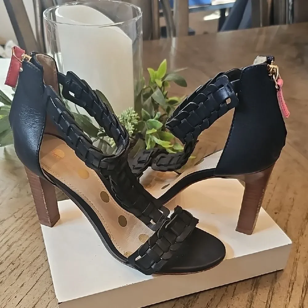 Navy T Strap Leather Woven Heel Boden Size 37